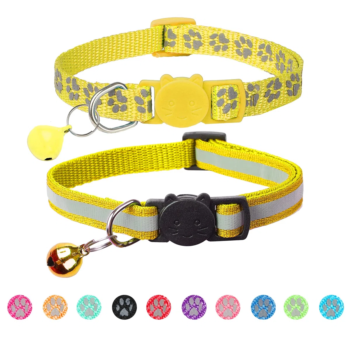 Paquete de 2 collares reflectantes para gatos con campana, collares personalizados para gatitos, collar de hebilla de seguridad ajustable para gatos machos, niñas y niños (amarillo)