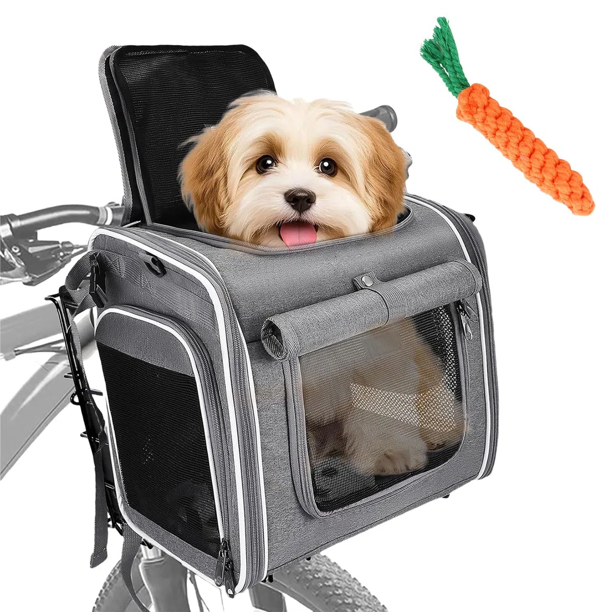 Cesta para Bicicleta Delantera para Perros y Gatos hasta 8KG,Cesta Bicicleta Delantera Perro 4 en 1 Cesta para Perros para Bicicleta, Plegable con 4 Puertas Abiertas, 4 Ventanas de Malla para Gatos