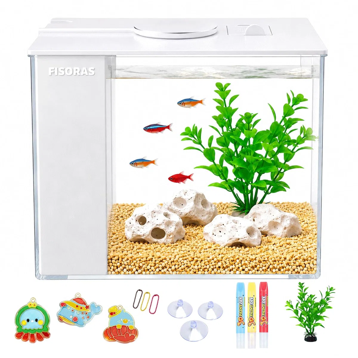 Acuario pequeño de 0.5 galones con bomba de filtro de agua y luz LED, color blanco