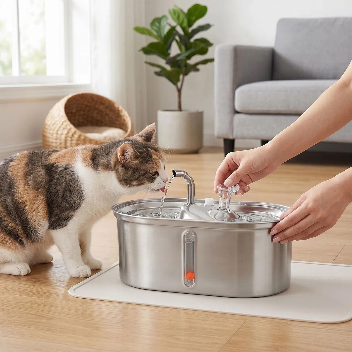 Fuente de Agua para Gatos, 2 en 1, Dispensador de Agua Automático de Acero Inoxidable de 3 litros, Diseño Elevado, Alimentador de Alimentos para Mascotas con Bomba Silenciosa y Diseño de