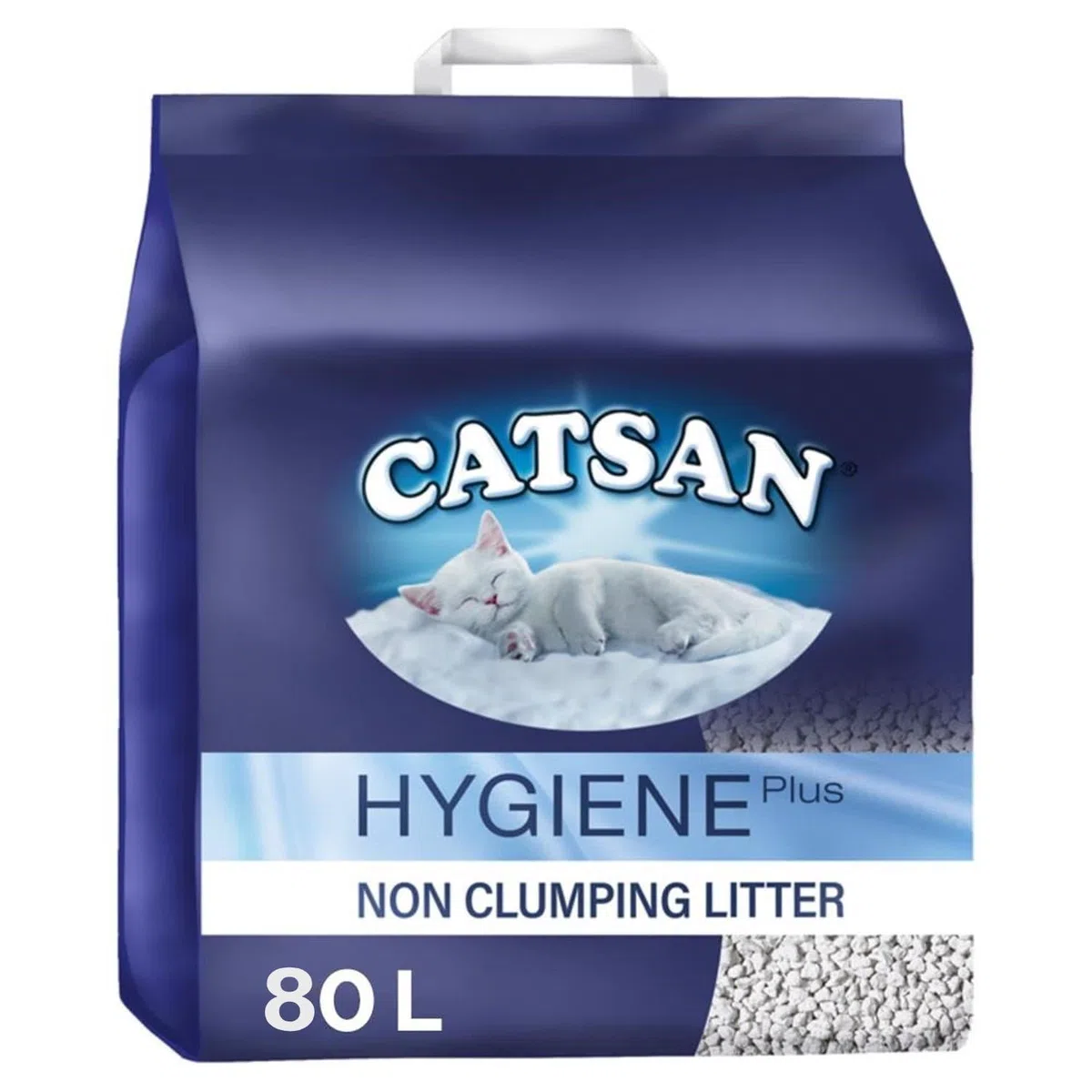 Catsan Hygiene - Arena para gatos no aglomerante, 20 L (paquete de 4), gránulos blancos de bajo polvo con protección contra olores, arena absorbente para gatos de interior, frescura e higiene de larga