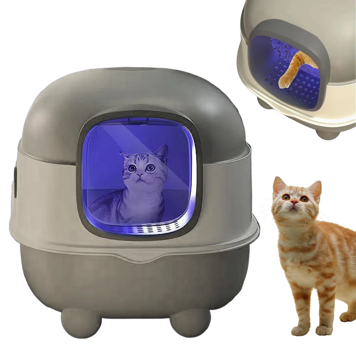 Arenero Autolimpiable Con Luz De Esterilización UV - PP Cerrado Gran Capacidad 56x39x40cm | Diseño Cubierto Para Varios Gatos Higiene Seguridad Reforzada Incluye Pala Limpia