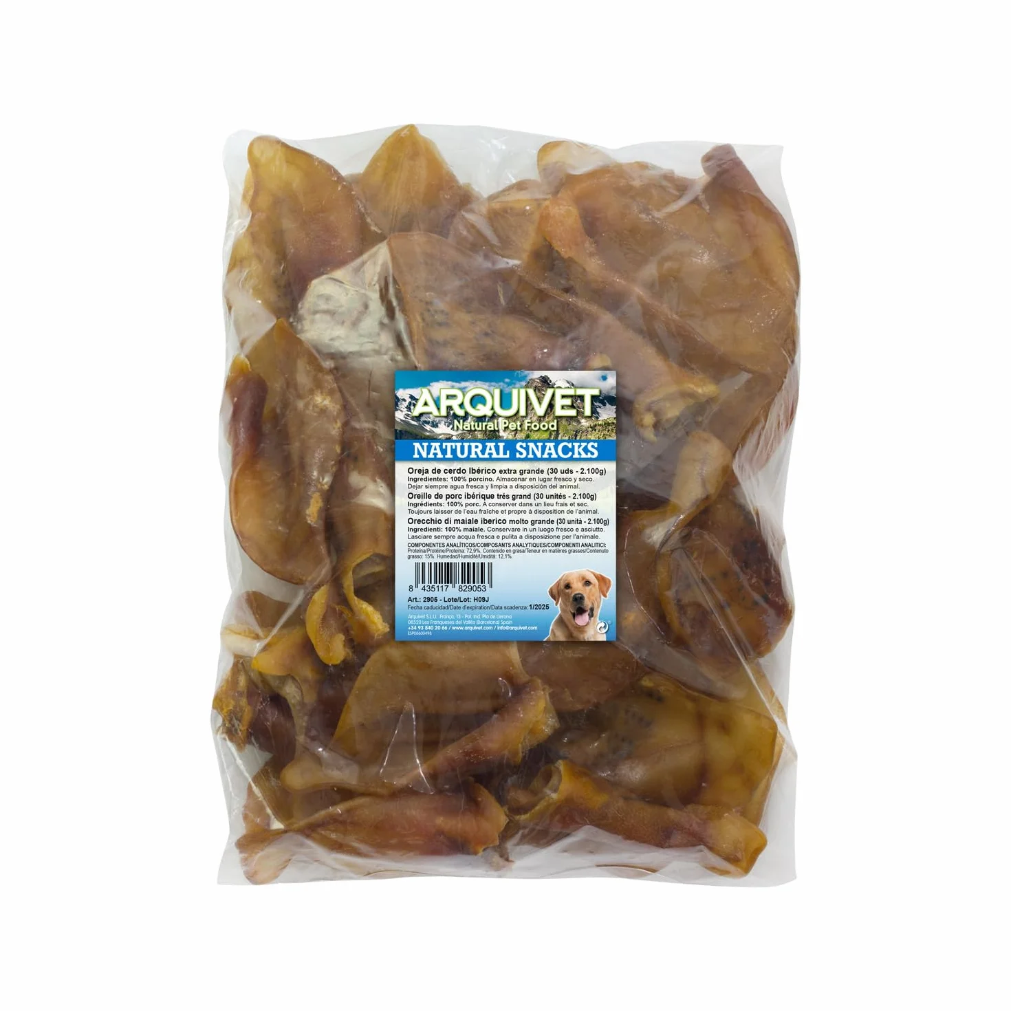 ARQUIVET - Oreja de Cerdo ibérico Extra Grande - (Bolsa 30 Unidades) - Natural Snacks para Perros