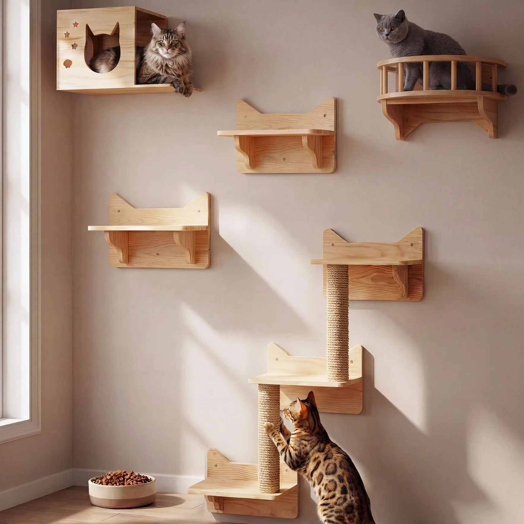 Estantes de pared para gatos, juego de muebles de pared, estantes y perchas para pared, juego de parque infantil para escalar gatos, poste rascador para gatos con estante de pared de 3