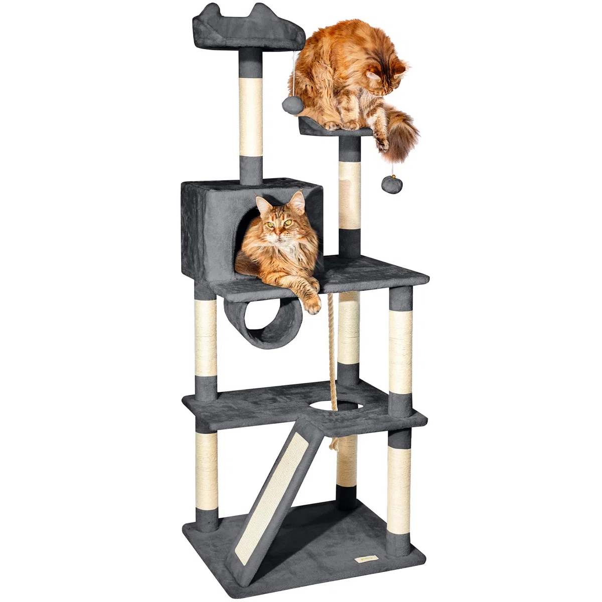 Árbol para Gatos XL, rascador para Gatos, Plataformas, caseta, Hamaca, Pelotas, columnas de sisal, Felpa, Altura 150 cm, Gris Oscuro, garantía de 5 años