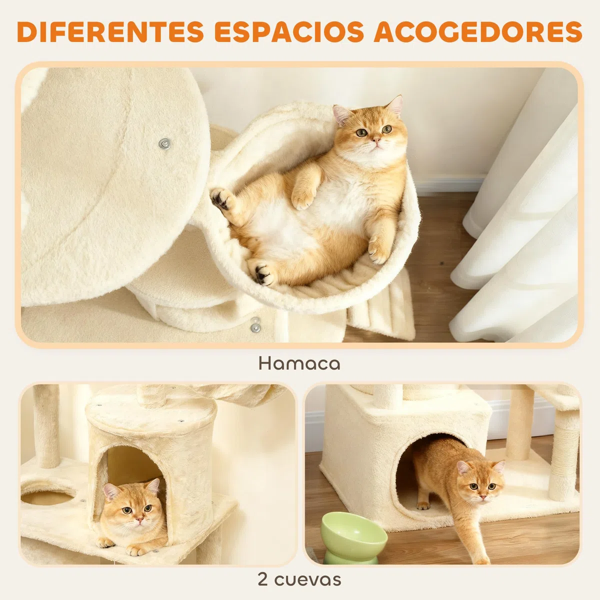 PawHut Árbol Rascador para Gatos Grande Torre de Escalada 170 cm Beige | Árbol para Gatos, 7 Postes, 1 Túnel, 3 Plataformas, 2 Cuevas, 1 Hamaca, 1 Percha, 1 Rampa, Pompones