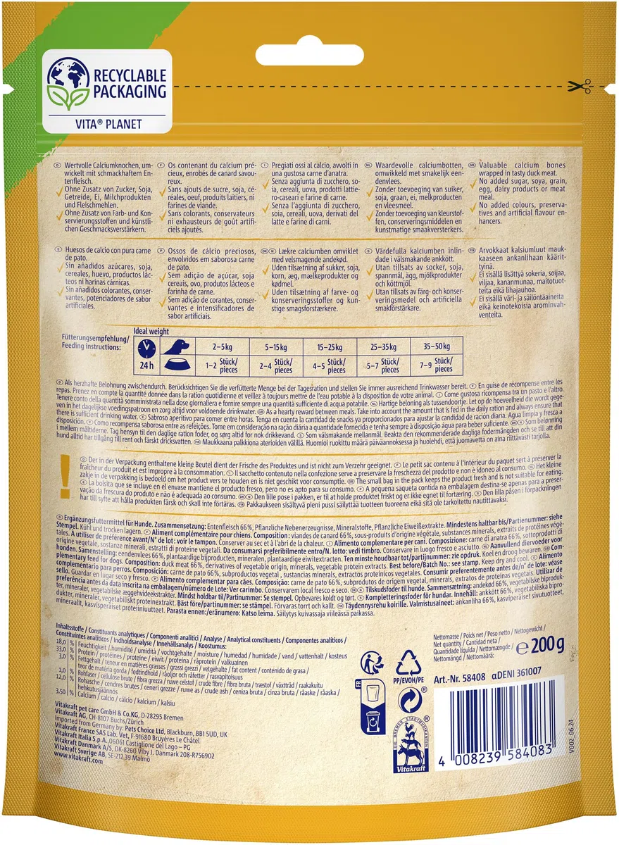 Vitakraft Pure Duck XXL Bonas, golosinas para perros, huesos de calcio con carne de pato, golosinas de adiestramiento para perros, sin azúcar añadido (8x 200g)