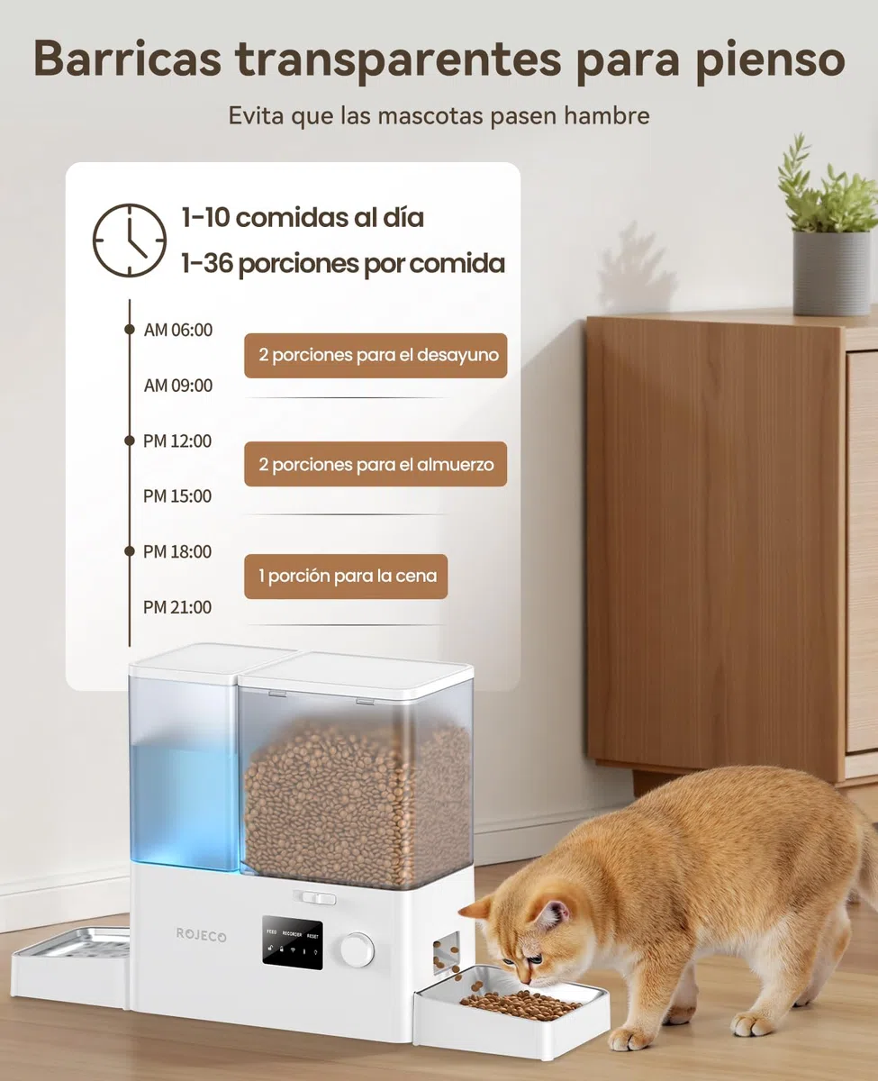 ROJECO Comedero automático para gatos y fuentes 2 en 1 – 8,5 L de capacidad total (5 L comedero + fuente de 3,5 litros), 1-36 porciones, 2 cuencos de acero inoxidable, sin BPA, para gatos y mascotas