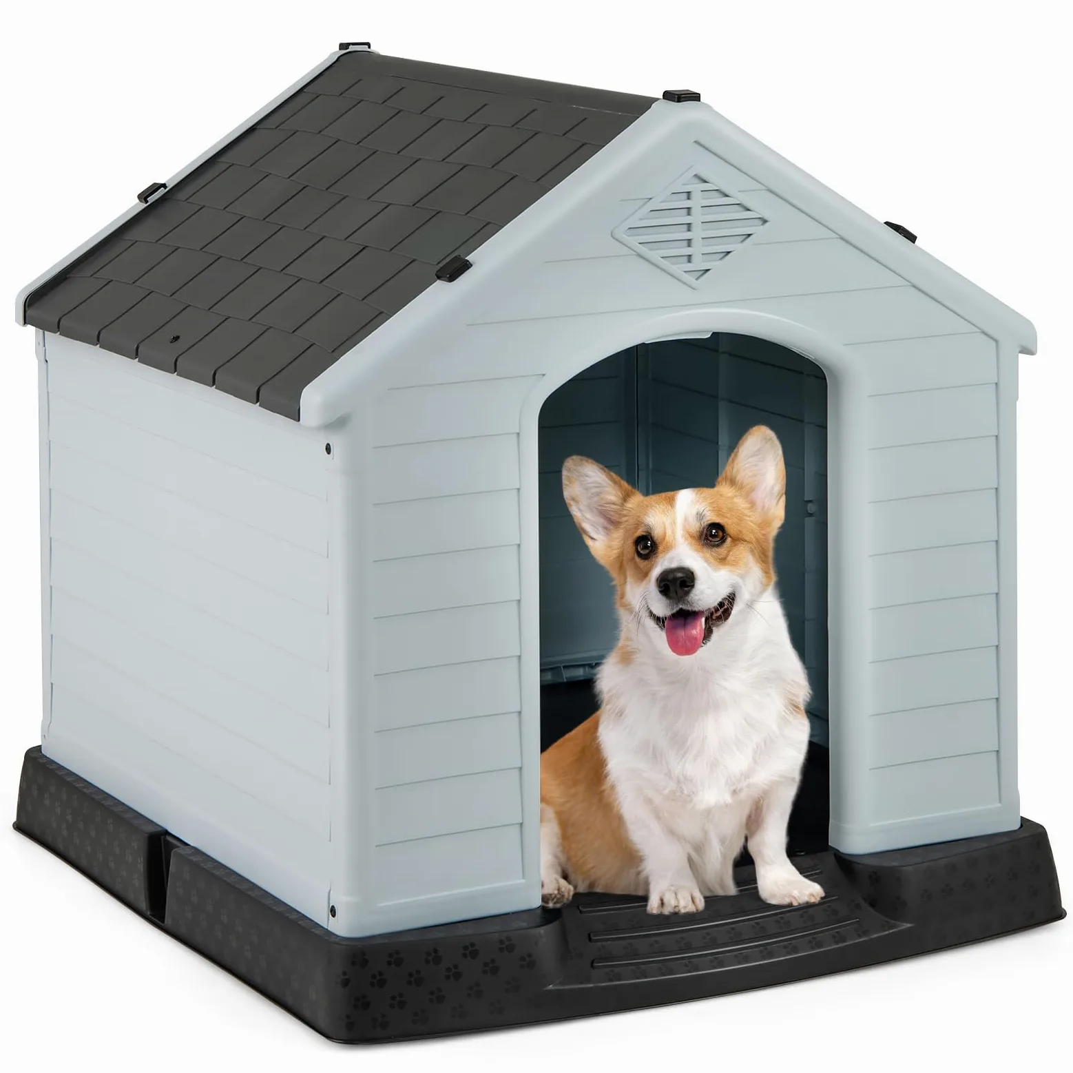 FANTASK Caseta para Perros de plástico para Exteriores, Cueva para Perros con Suelo Elevado y Techo Impermeable, para jardín, Interior y Exterior (70 x 65 x 71,5 cm, Gris)