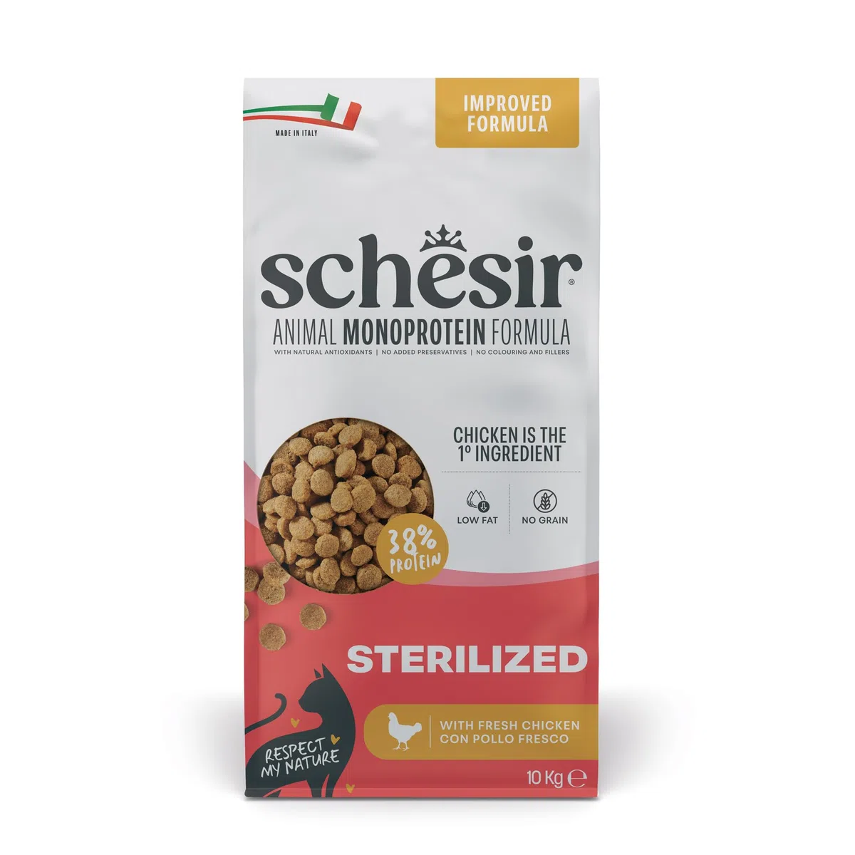 Schesir Animal Monoprotein Sterilized, Croquetas para Gatos Adultos Esterilizados, Alimento Seco Monoproteico Completo, Sabor Pollo, 10 kg