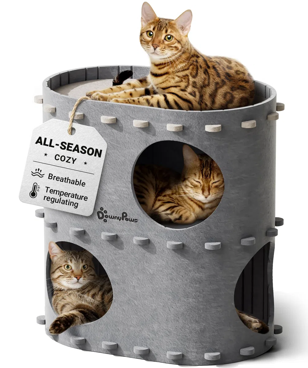 DownyPaws Casa de gato de 2 pisos para gatos de interior, cueva de cama para varios gatos, gris claro