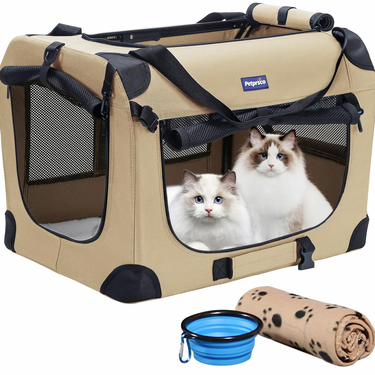 Petprsco Transportín para Mascotas, Lado Suave, para Gatos, Perros pequeños, 3 Puertas, Suave, Plegable, con Correas para Gatos, Cachorros, Viajes, Plegable, cómodo, diseño portátil