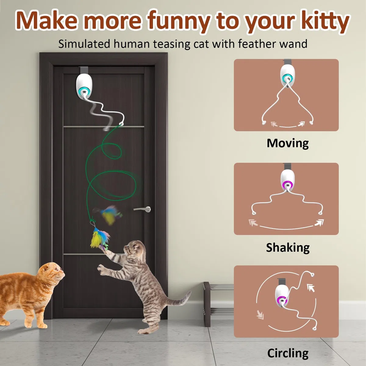 Juguete para gatos con plumas y bolas arrugadas de Mylar para gatos de interior, juguetes de cuerda retráctiles para colgar en la puerta, juguete electrónico para gatos