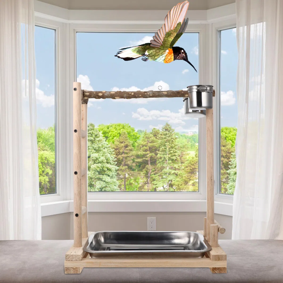 TOYANDONA Soporte para Mediano con Comedero Inoxidable y Escalera de Madera Juguete para Aves Que Ejercicio y Cuidado Dental Accesorio Seguro y Duradero para Jaulas de Pájaros