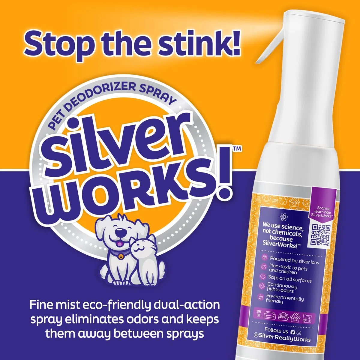 SilverWorks! Desodorante en aerosol de tela, eliminador de olores, utiliza tecnología de iones de plata para eliminar olores y eliminar olores del hogar y mascotas