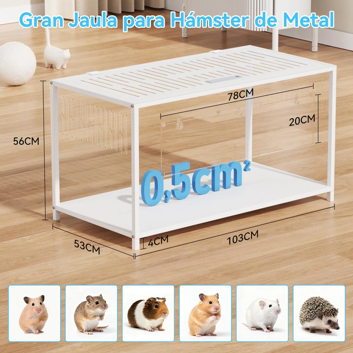 BORISI Jaula para Hámster Grande 103x56x52 cm, Metal y Acrílico | Espacio 0,58 m², Para hámster y ratón, Base profunda, Vista acrílica, 2 puertas aireadas, Guía de montaje