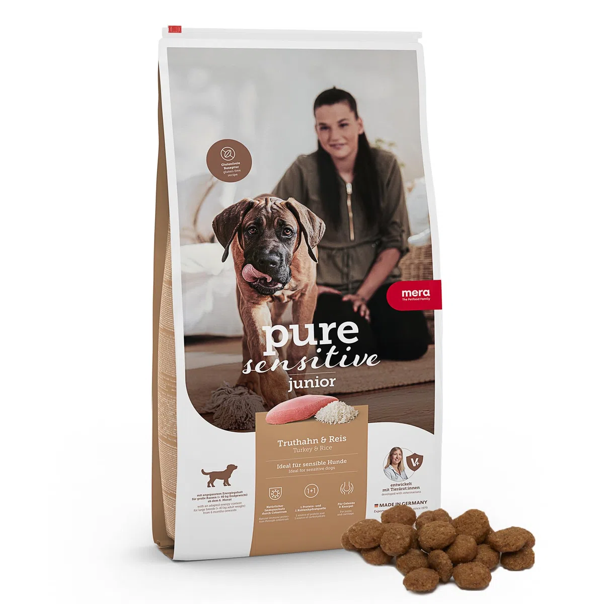 MERA Pure Sensitive Junior con Pavo y arroz (12,5 kg), Comida para Cachorros de fácil digestión para Perros jóvenes de Razas Grandes a Partir del 6º Mes