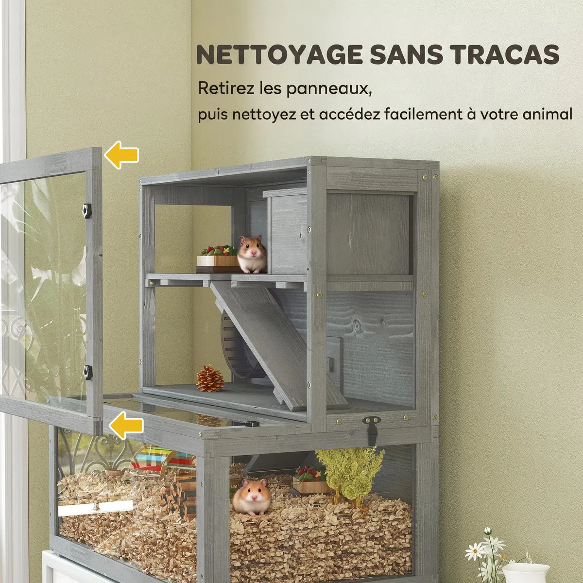 PawHut - Jaula de hámster de madera de 3 niveles con cabaña, rueda 80 x 50 x 84 cm, color gris | Jaula roedor, Rampas, Panel transparente, Espacios separados, para hámsters enanos, Gerbolitas