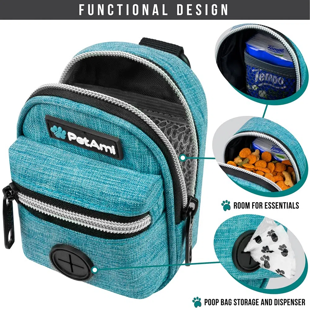 PetAmi Soporte para bolsas de excrementos de perro, dispensador de bolsas de basura para perros con clip para correa y cinturón, soporte portátil de tela para bolsas de basura para perros, para
