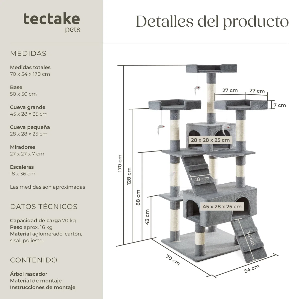 TecTake® Árbol para gatos Rascador para gatos de sisal H170 cm, Juegos para gatos Apartamento Accesorio Rascador Nido Cama Cesta Cama para gatos Juego de ratón Escalera