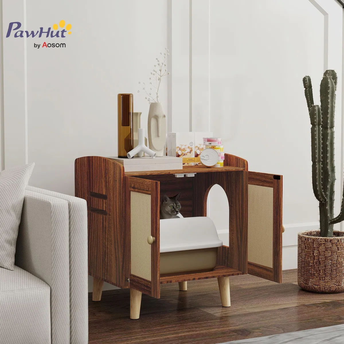 PawHut Mueble Arenero para Gatos Mesa Auxiliar 55x43x59,6 cm Marrón | Caja de Arena para Gatos, con Puertas, Esteras de Sisal, Patas de Madera, para Salón Dormitorio