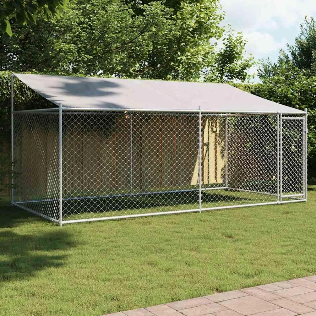 Perrera para perros con techo y puerta, gris, 4 x 2 x 2 m, acero galvanizado, caño para perros, recinto para cachorros, rejilla, cercado, jardín, exterior para protección segura y