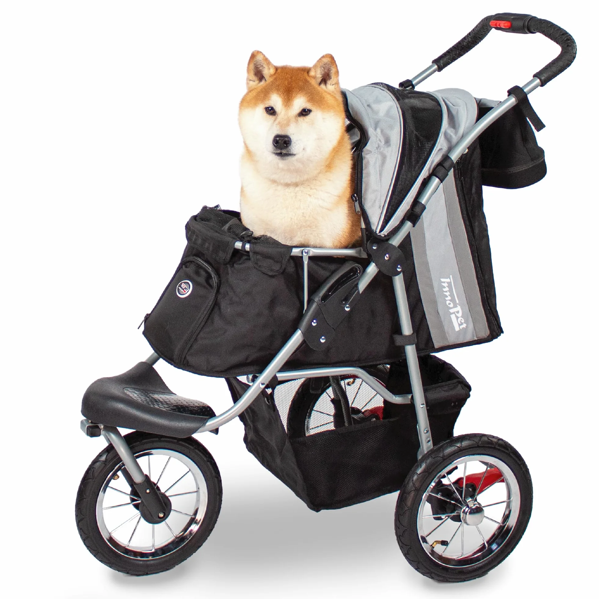 Innopet Comfort Air Eco negro/plata - Cochecito para perros y gatos con ruedas neumáticas de 12”, plegado con una mano, tejido reciclado y organizador