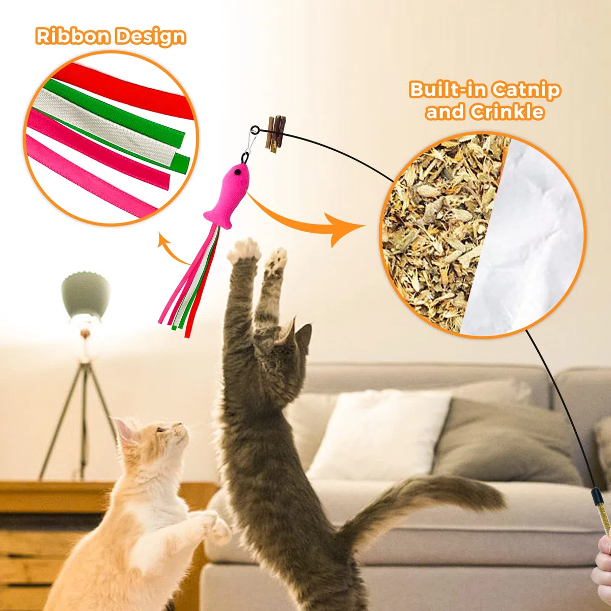 Juguete de varita para gatos, juguetes de plumas de gato con vid plateada y campanas, 2 varitas para gatos y 6 recambios de teaser, varita de alambre extra larga de 38.5 pulgadas, juguete para