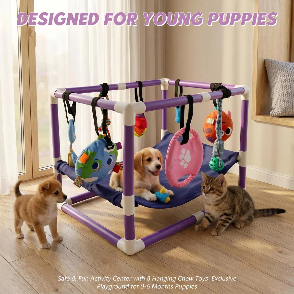 Cachorros de juguete, sala de juegos para cachorros con 8 juguetes, zona de juegos para perros pequeños, centro de actividad para perros, marco de PVC, hamaca, juguete enriquecedor para entrenamiento