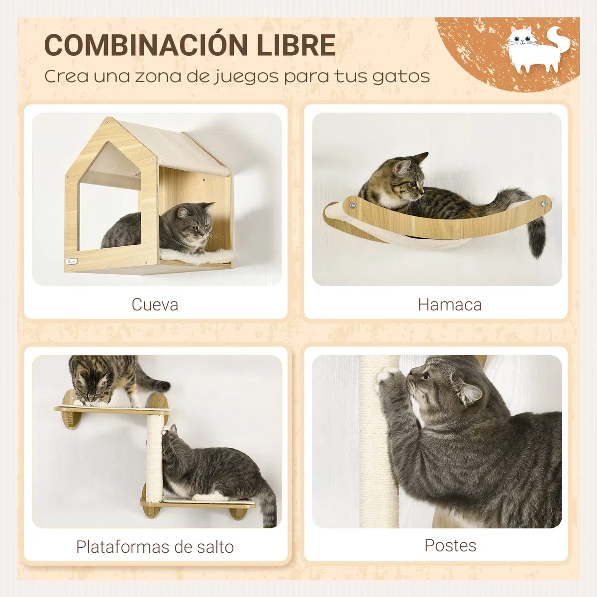PawHut Estantes para Gatos de Pared 3 Piezas con Caseta y Hamaca Roble | Juego de Estantes Escalada para Gatos, Plataformas, Poste de Sisal