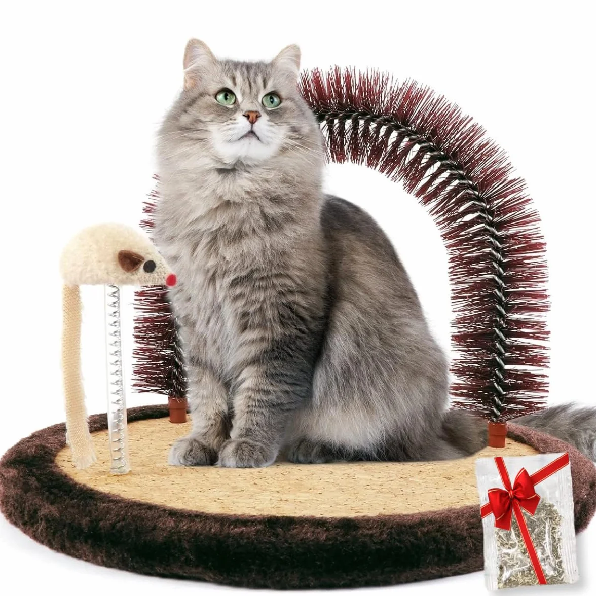 Happi N Pets Cepillo de aseo original para gatos, cepillo de aseo de arco con almohadilla rascadora de madera pesada, poste de frotar y juguete, rascador de cara de gato, masajeador corporal para