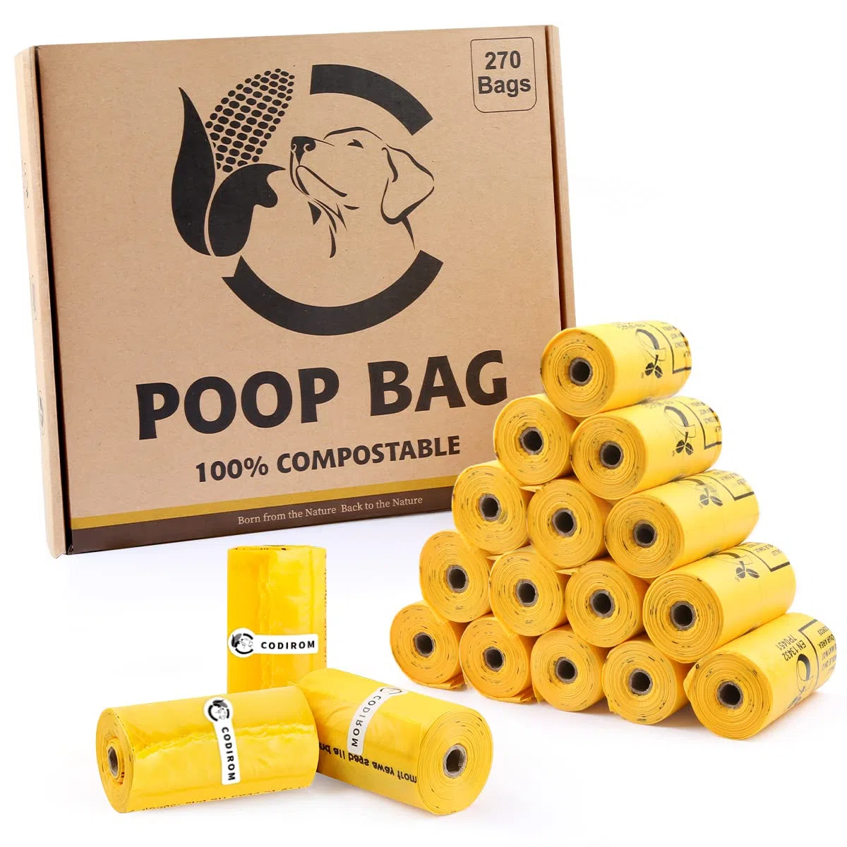 Bolsas compostables certificadas para excrementos de perro, 270 bolsas ecológicas y a prueba de fugas, bolsa de excrementos de perro 100% amarillo maíz fácil de abrir, 15 bolsas para perros por rollo