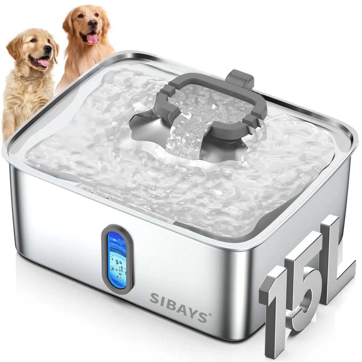 SIBAYS Fuente de agua para perros de 4 galones/15 L para perros grandes, fuente de agua de acero inoxidable para mascotas, dispensador automático ultra silencioso con ventana de nivel de agua y luz