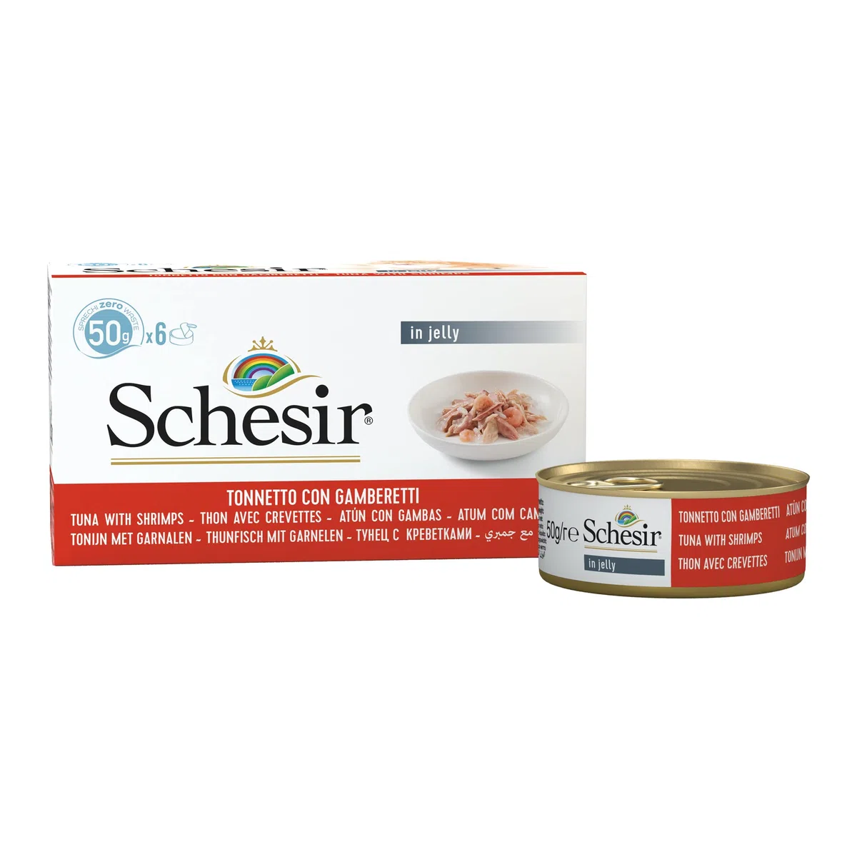 Schesir, Atún con Camarones En Gelatina, Alimento Húmedo Completo para Gatos, con Vitaminas Añadidas, 100% Natural, Cruelty-Free, 6 X 50g