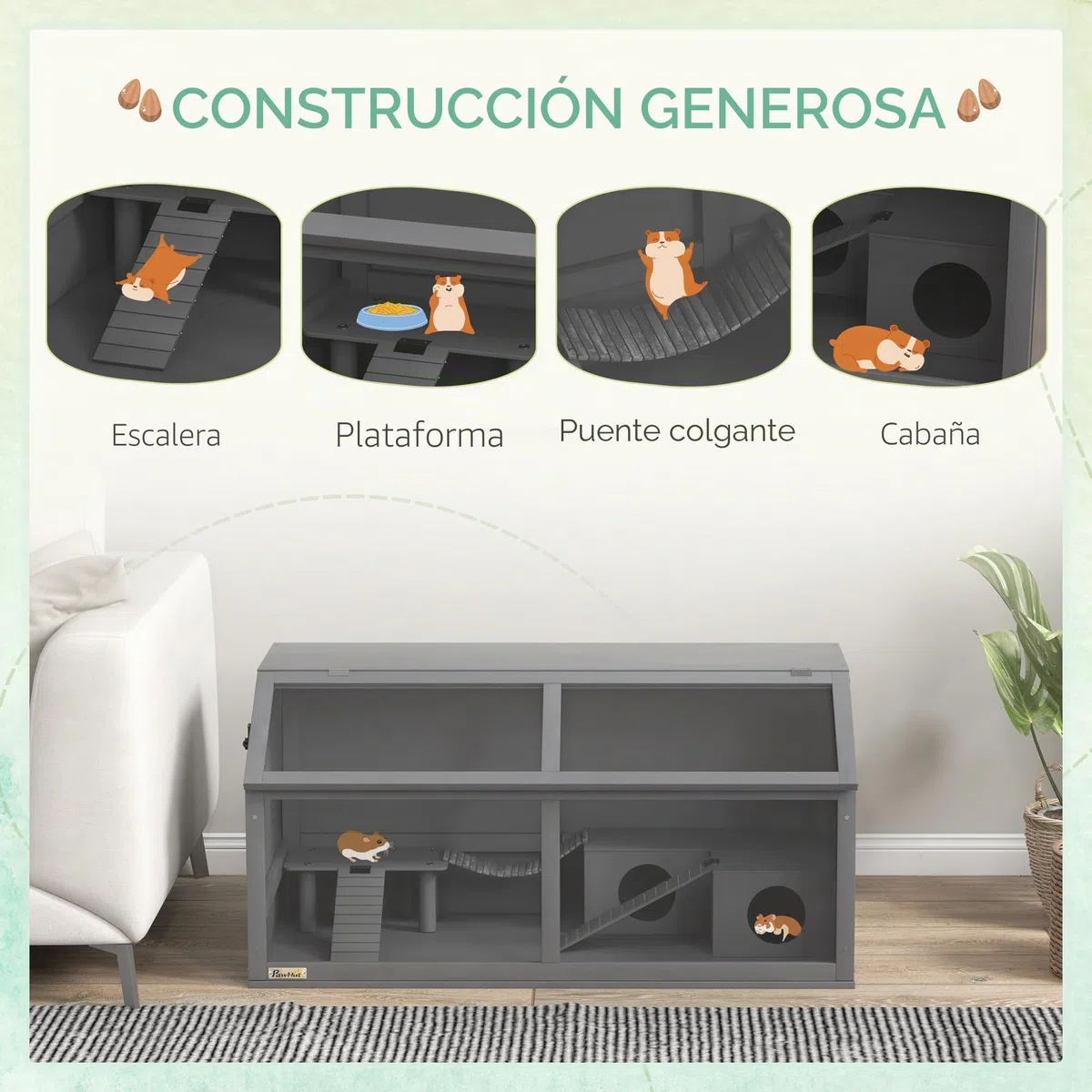 Jaula de Madera para hámster PawHut, caseta para roedores de 100 cm, casita para Animales pequeños, casita de Juegos con Puente Colgante, escaleras, Techo practicable, caseta, Gris Oscuro