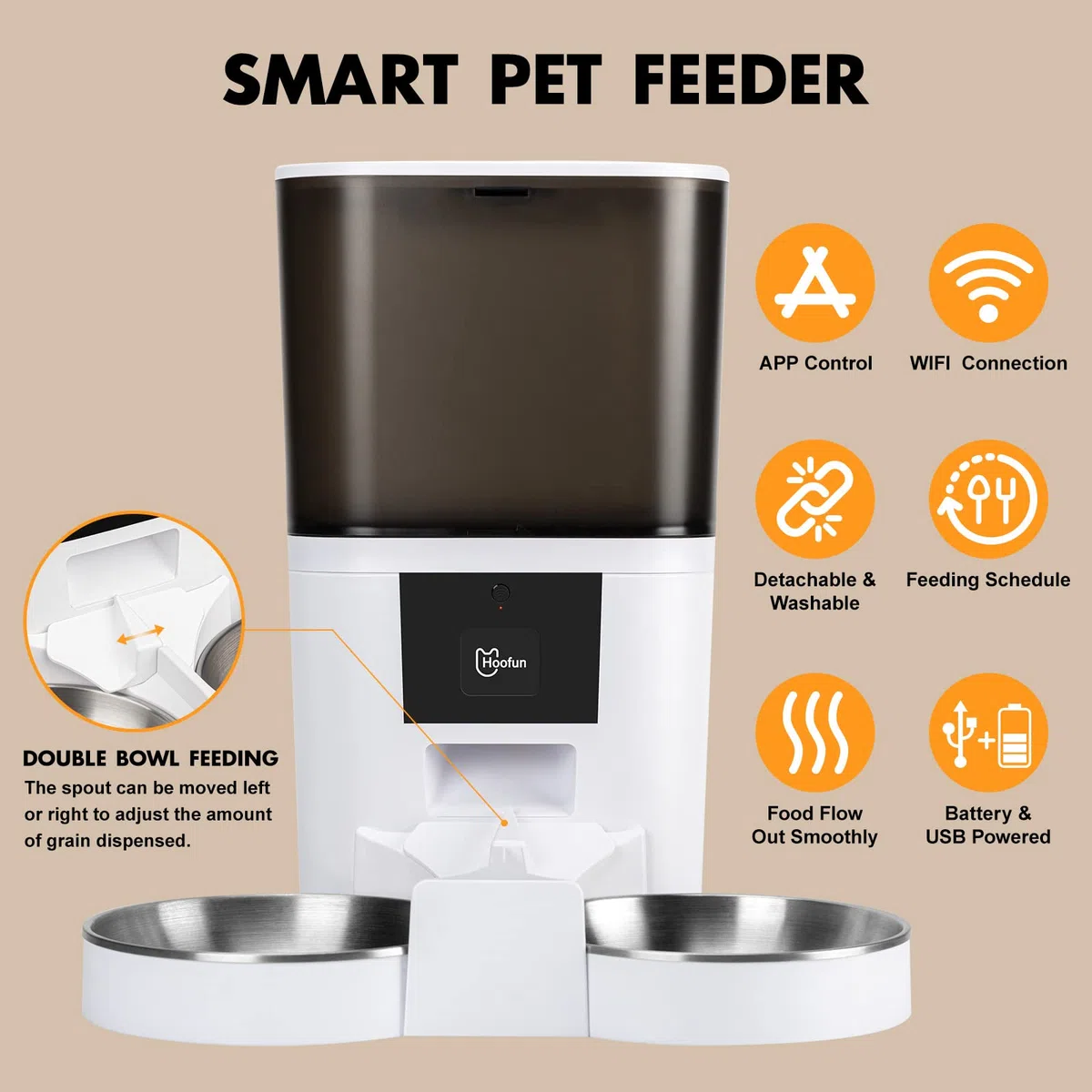 WiFi Comedero automático para Gatos： 6L Dispensador, Alimentador con Control Remoto de Aplicación, Tiempo 1-6 Comidas al día, Control De Porciones