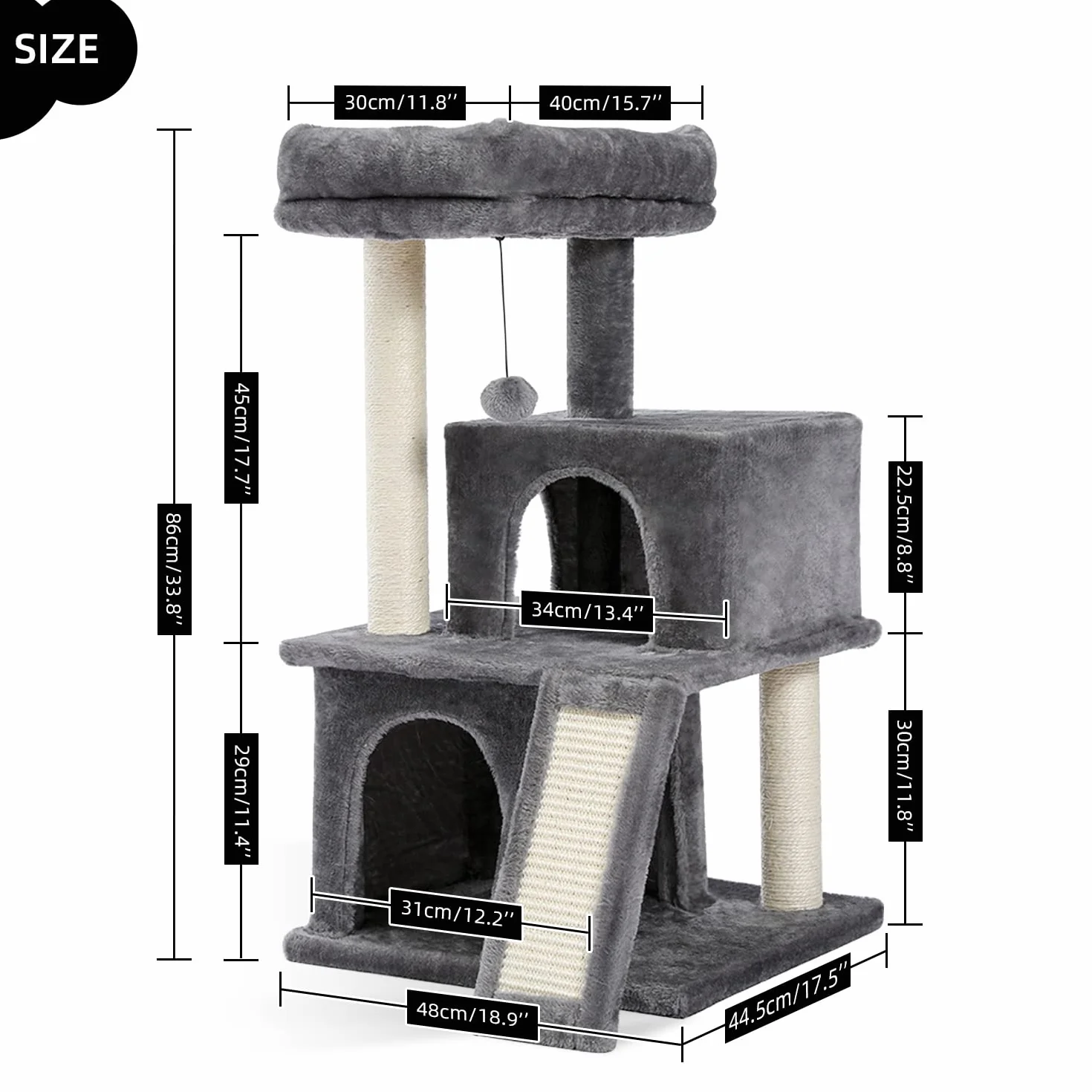 PETEPELA Rascador para gatos, 86 cm | Con cuerda de sisal, tumbona de peluche, 2 cuevas, juguete para gatos, gris
