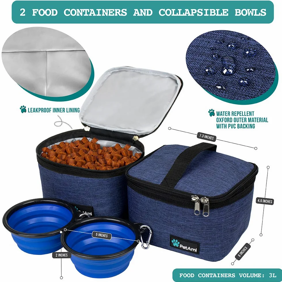 PetAmi Bolsa de viaje para perros, organizador de bolsas de viaje para mascotas, bolsa de viaje para comida para perros con recipiente de alimentos y cuencos, suministros de viaje para perros,