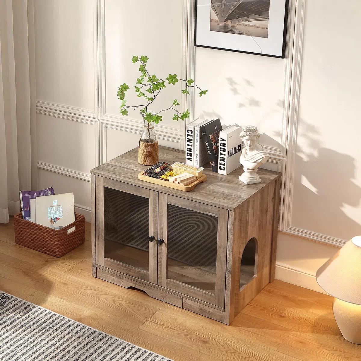 Forest Gravity Mueble Arenero para Gato Pequeño Mueble Arenero para Gato Moderno 82 * 58.5 * 53 cm Casa para con Puerta y Tabique Separador Gris