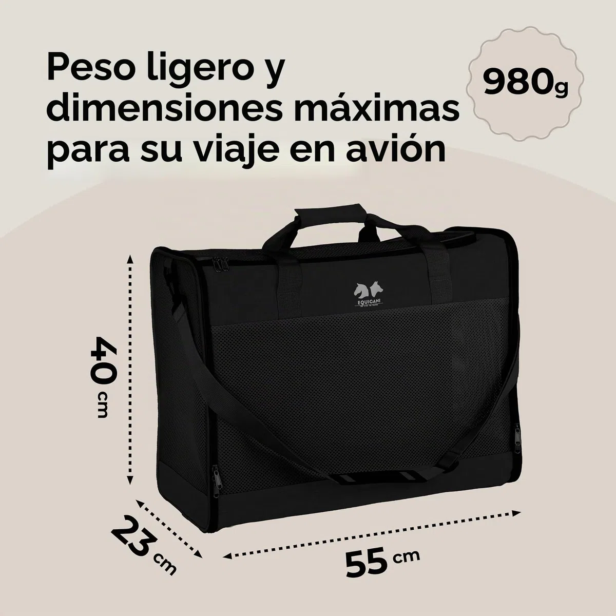 EQUICANI® Bolsa para perros, 55 x 40 x 23 cm, plegable, ligera, con tejido de malla, correa y base extraíble para perros y gatos, para viajes, coche, vuelo (negro)