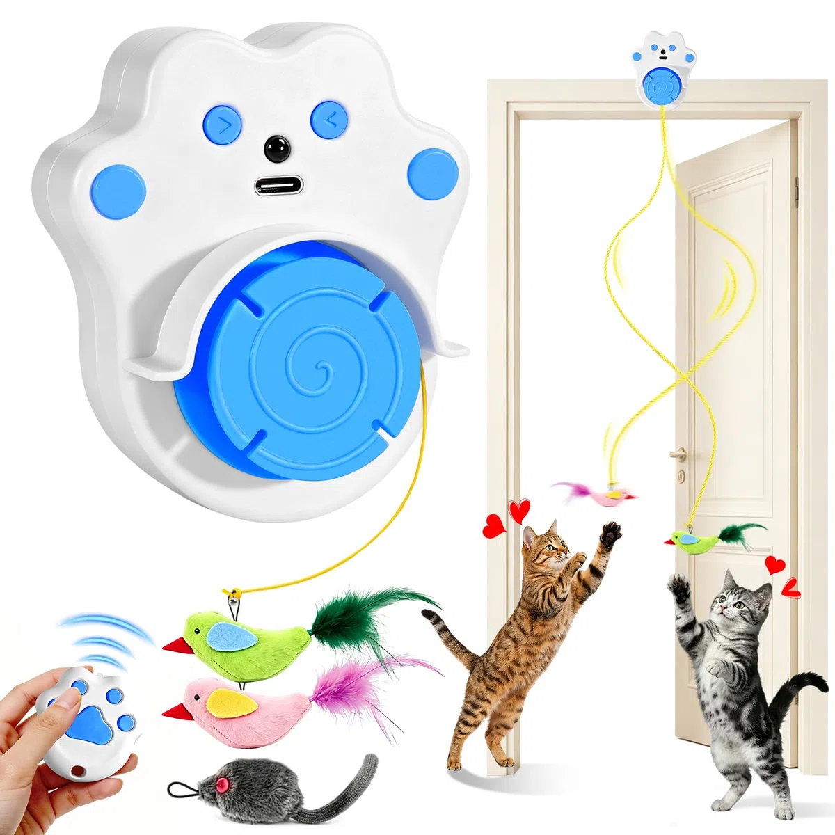 DoubleCare Juguetes interactivos para gatos de interior, juguete automático de plumas de pájaro volador para gatitos aburridos y gatos adultos, manos libres o de mano, azul