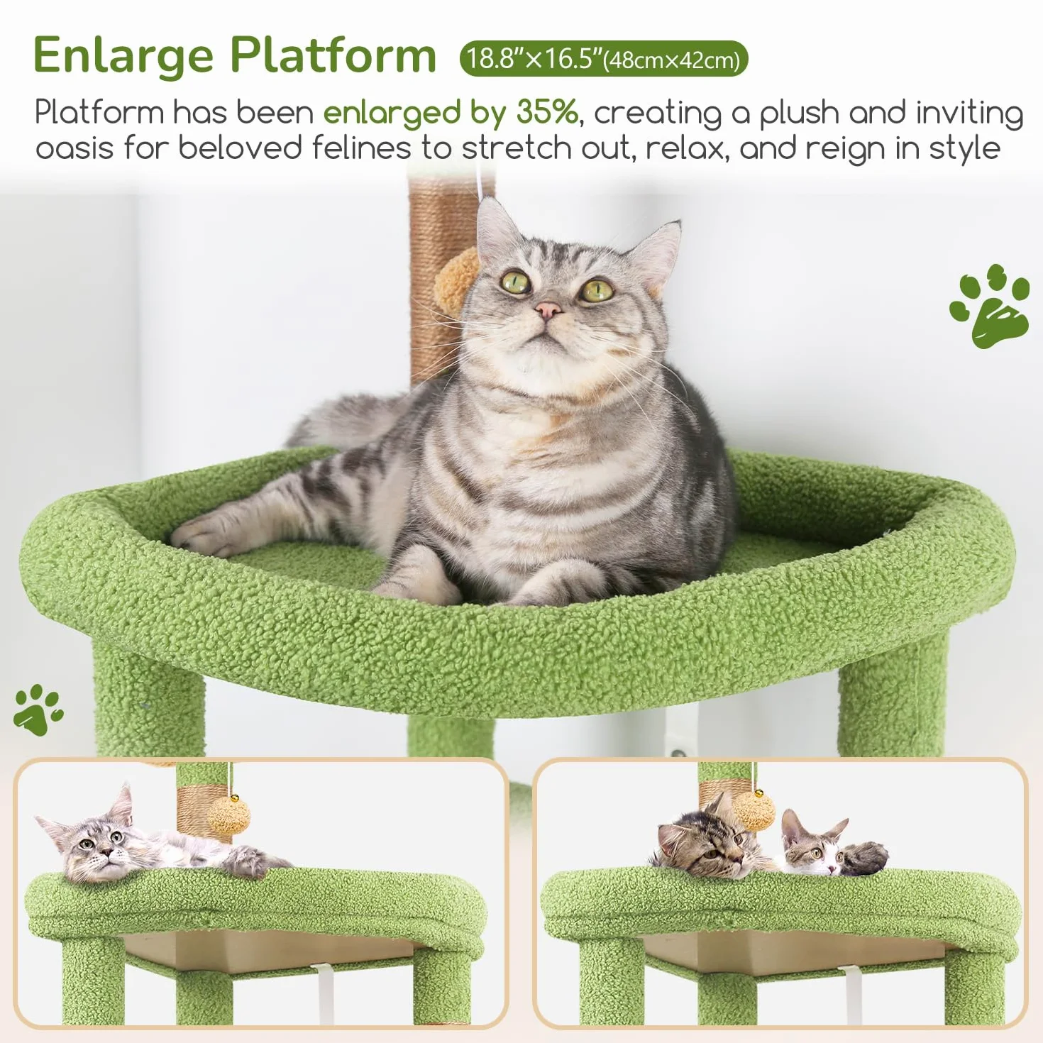 Globlazer Árbol Rascador Cactus Verde para Grande Gatos Alto 165cm con 2 Grande Plataforma 48 * 42CM, Extragrande Hamaca, Nido, Percha, Árbol Rascador con Apoyo Estable para Gatos Adulto (S65, Verde)