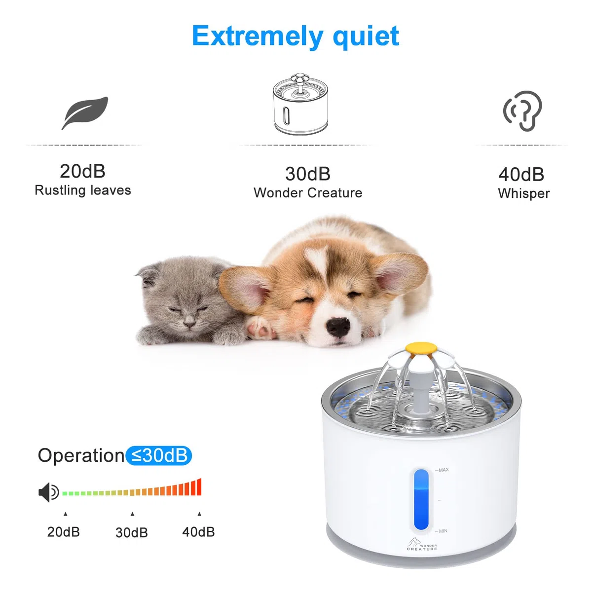 Fuente de agua para gatos, fuente de agua de acero inoxidable, dispensador de agua para gatos de 2,4 L con 3 filtros de repuesto y cepillos de limpieza, ventana de nivel de agua ultra silenciosa con