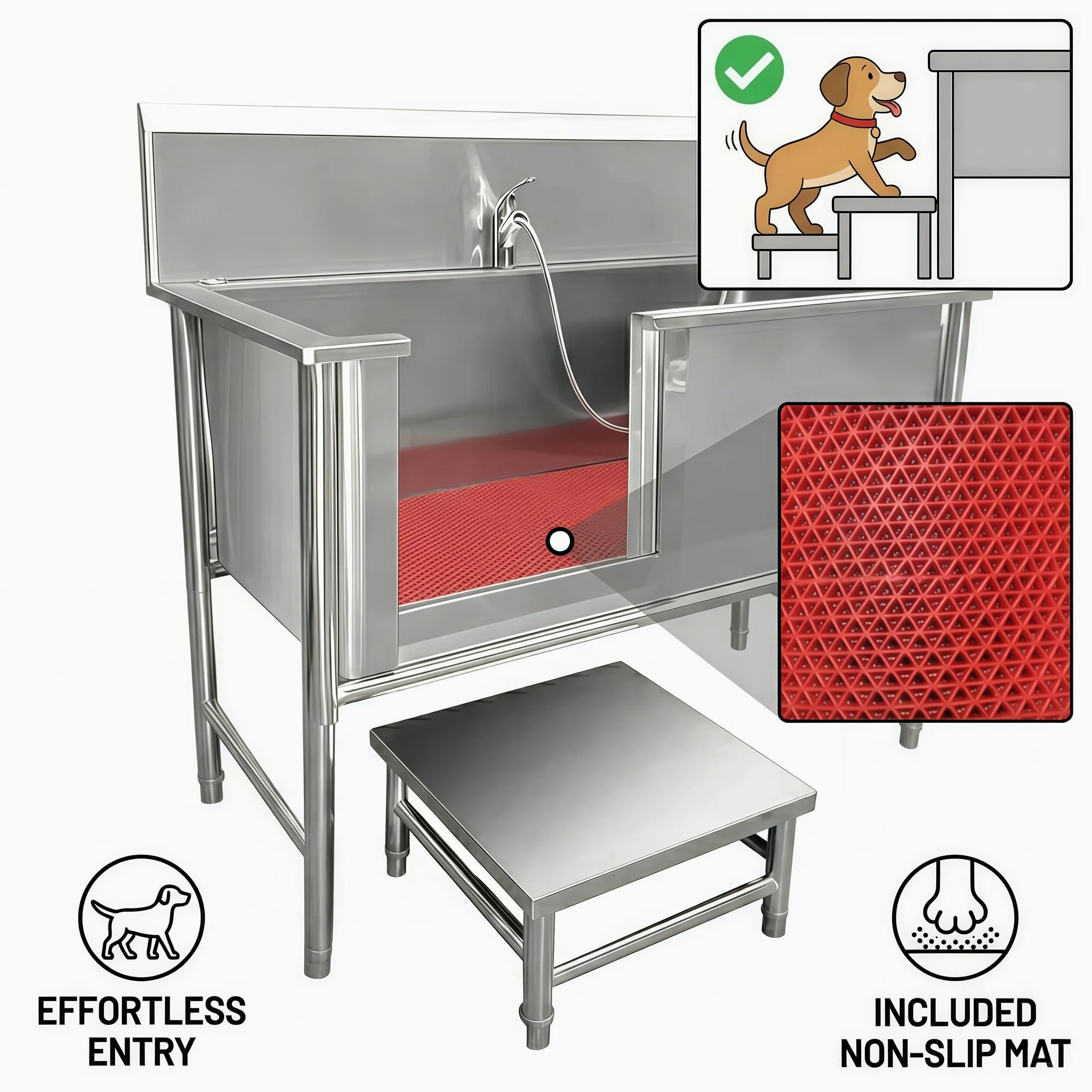 Genérico Bañera para Perros hasta 100 kg Tina Profesional para Mascotas Material: Acero Inoxidable Bañera para Peluquería Fregadero Canina Puerta Corredera Alfombrilla Antideslizante (120cm)