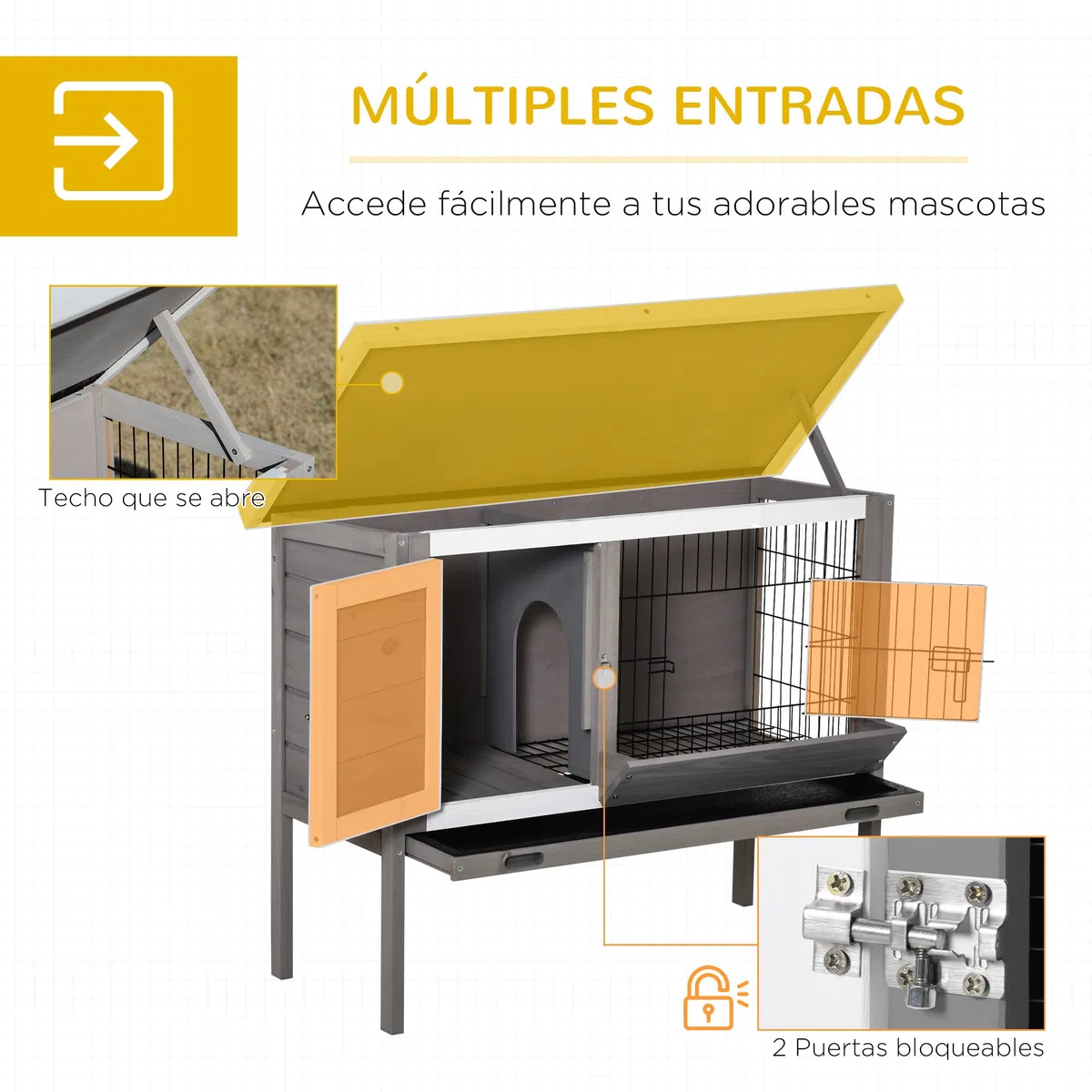 PawHut Conejera de Madera Exterior Jaula Elevada para Conejos Cobayas Animales Pequeños con Techo Asfáltico Abatible Comedero Bandejas Extraíbles y 2 Puertas 91x46x71 cm Gris