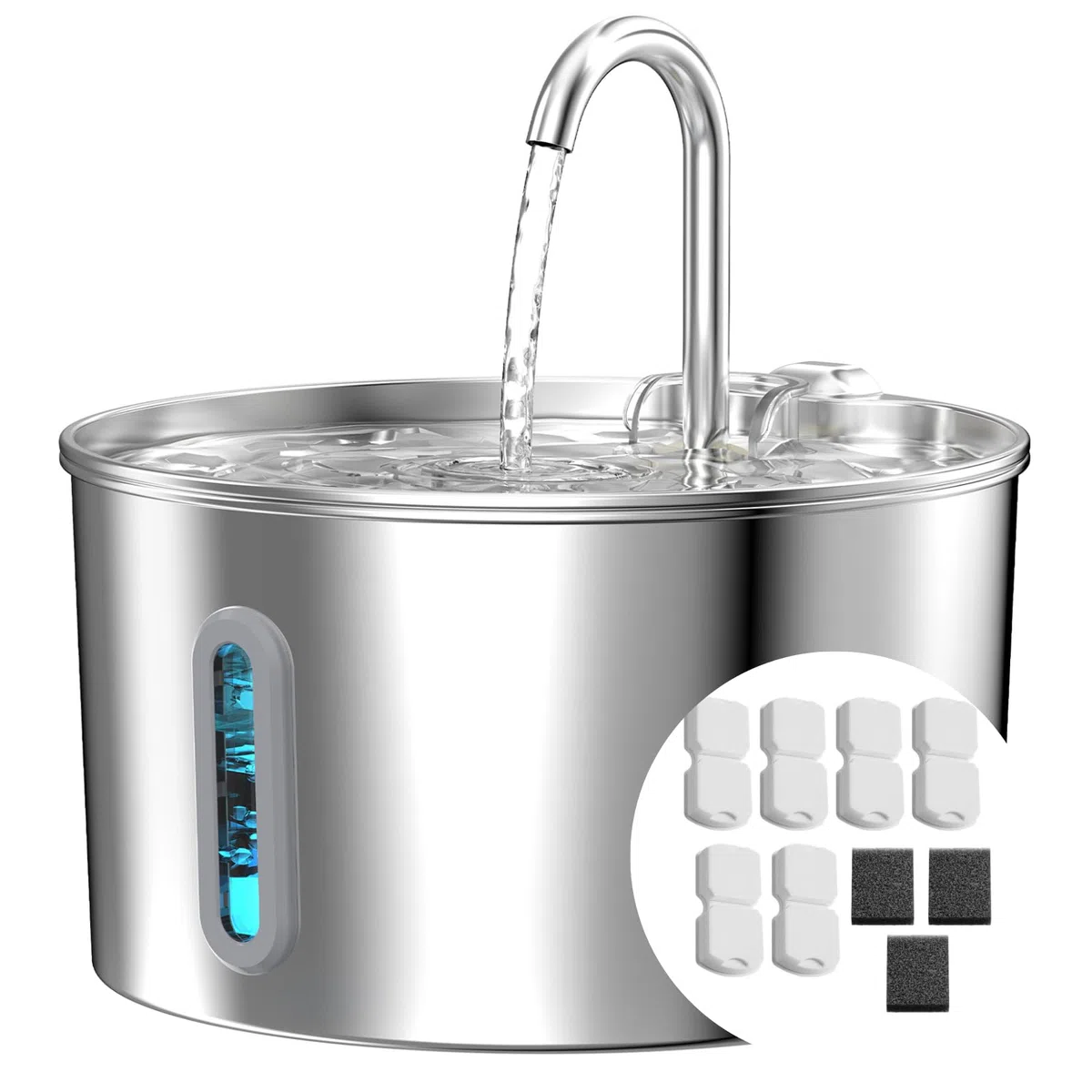 2,2 L Fuente de Agua para Gatos Acero Inoxidable 6 Filtros + 3 Esponjas