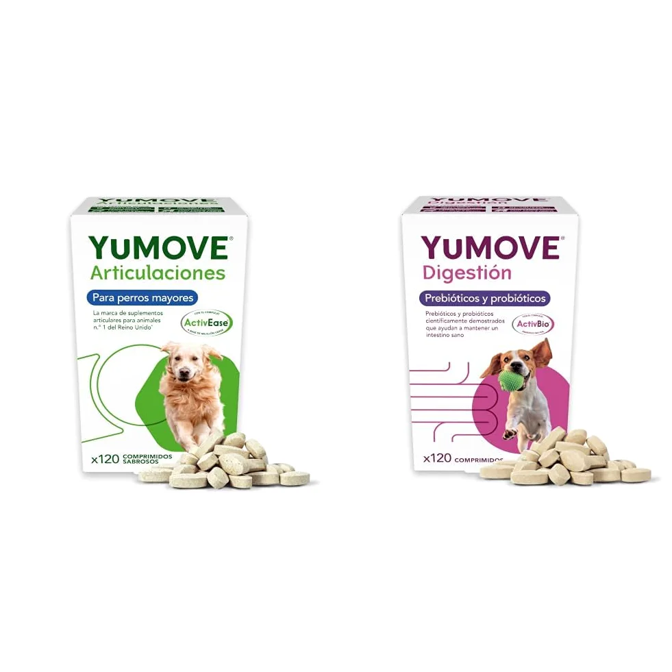 YuMOVE Condroprotector Perros Senior + Probioticos Superpack - Pack 120+120 Comprimidos - ActivEase Mejillón Verde & ActivBio - Movilidad, Digestión & Bienestar Diario para Perros Mayores Total