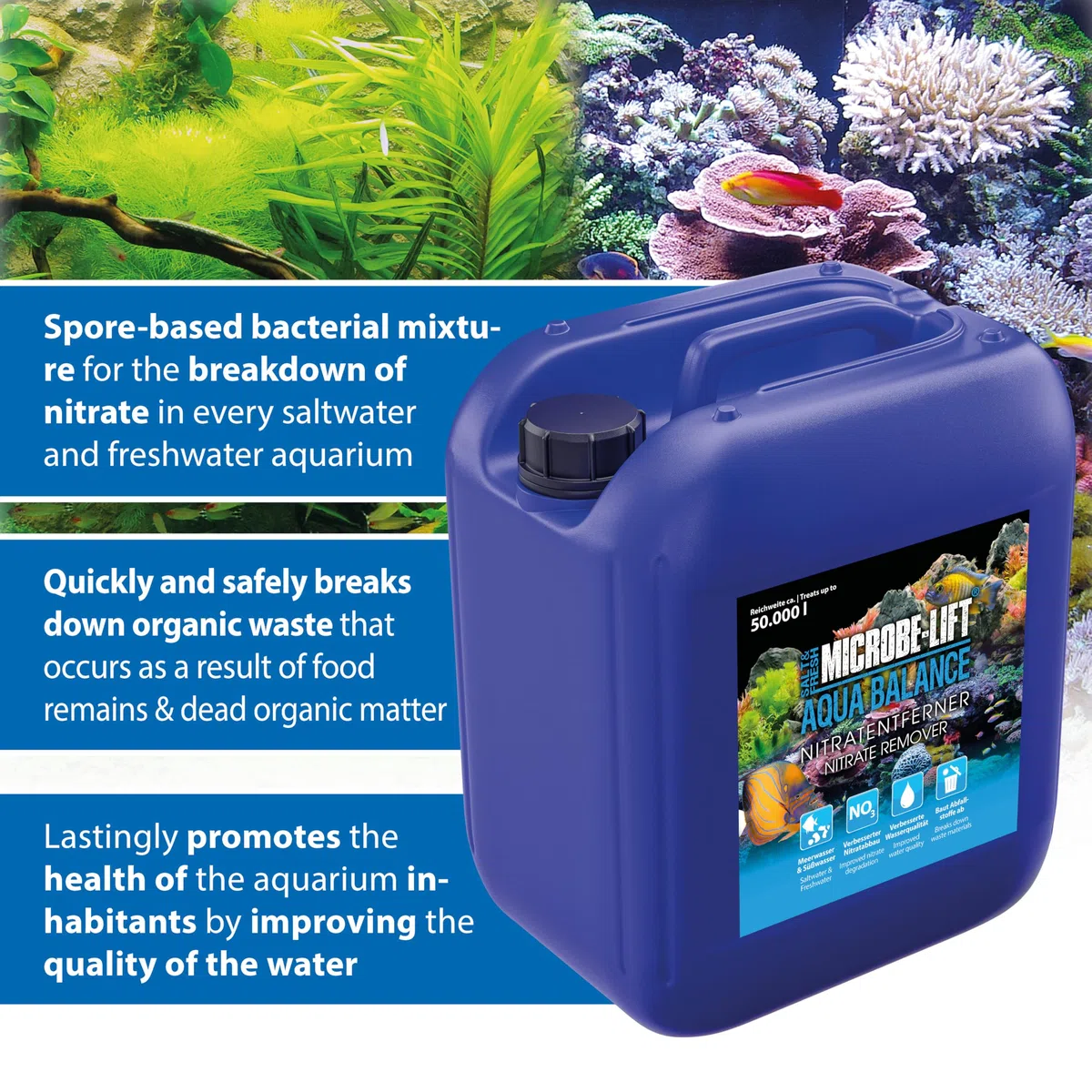Eliminador de nitrato Acuario – ARKA Aqua Balance 5 L – solución biológica contra nitrato, Algas y turbidez – para acuarios Dulces y Marinos – Mejora el Agua y el ecosistema