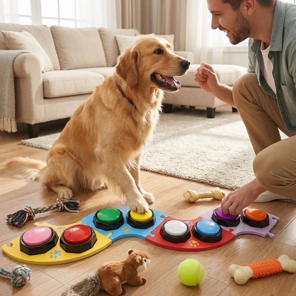 8 Botones para Perros, Botones para Mascotas, Botones para comunicación, Botones grabables, Incluye 4 Almohadillas, 50 Pegatinas, Juego de Entrenamiento para Perros
