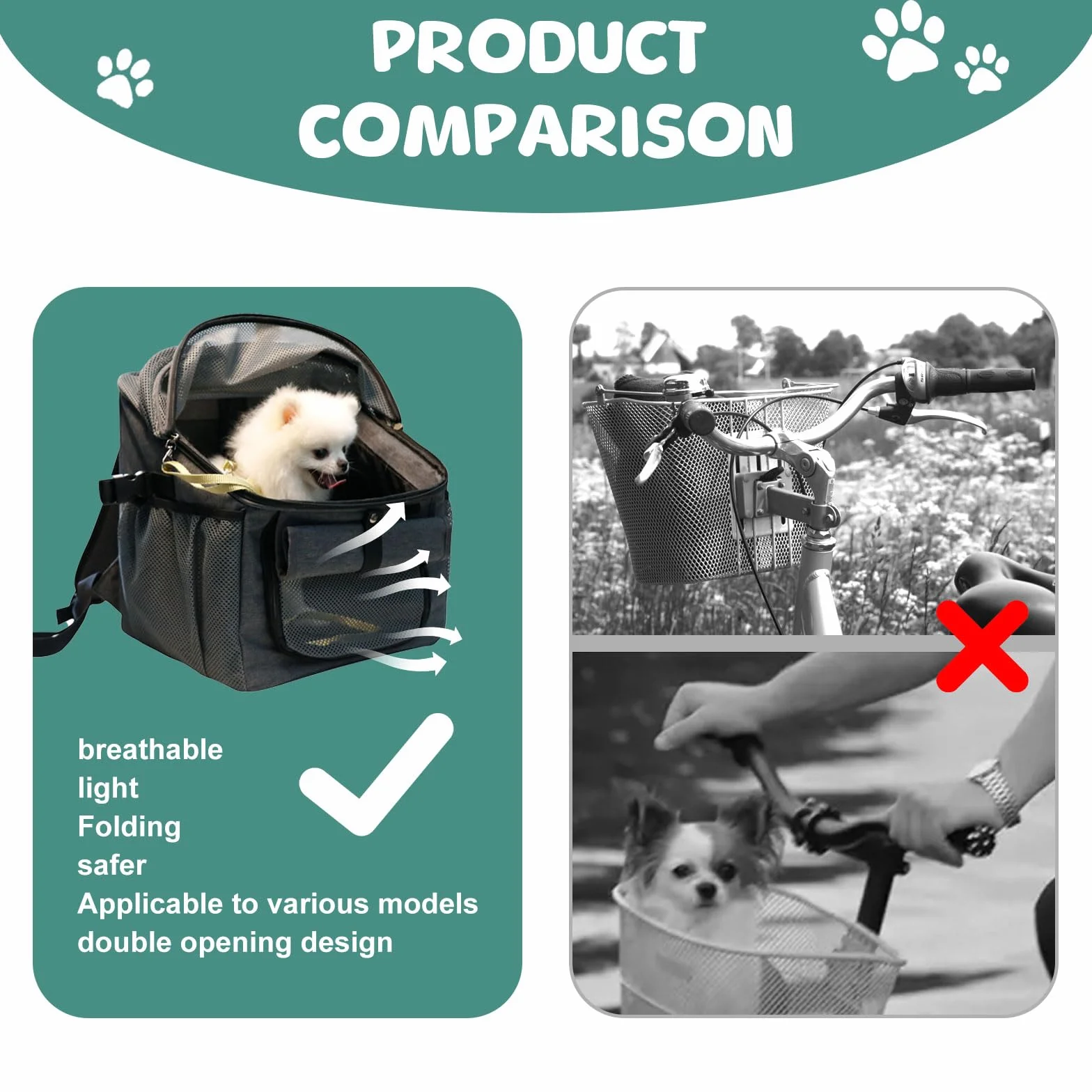 Cesta de bicicleta para perros, bolsa de bicicleta para mascotas con adaptador de manillar, desmontable, tejido de malla transpirable, correas ajustables, cesta plegable de bicicleta para mascotas